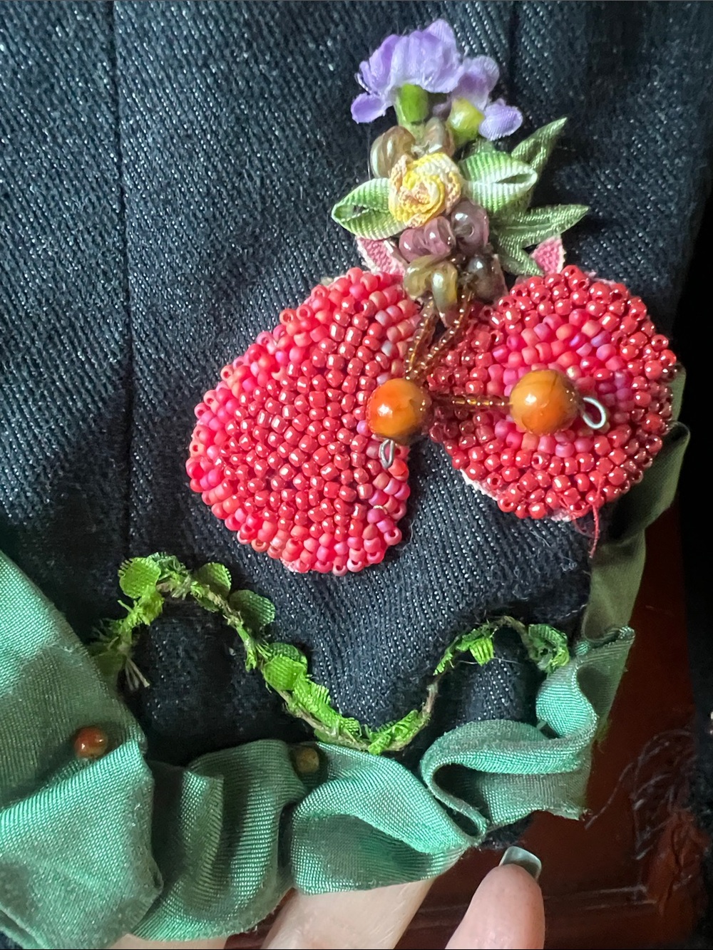 RARE MARY FRANCES Black Denim Jacket with Beaded/Embellished Fruits Size Small - Picture 8 of 16